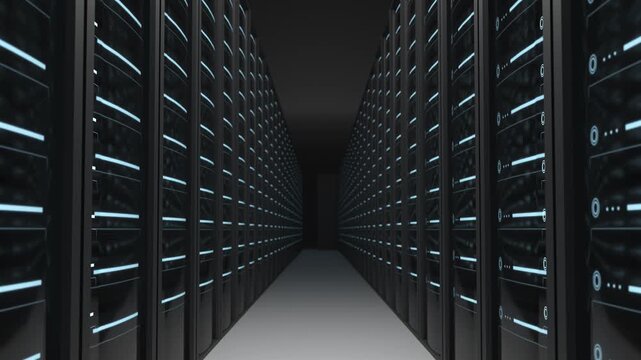 Technology hardware security hosting information Server rack rows in futuristic data center room, engineering maintenance energy cooling database storage system