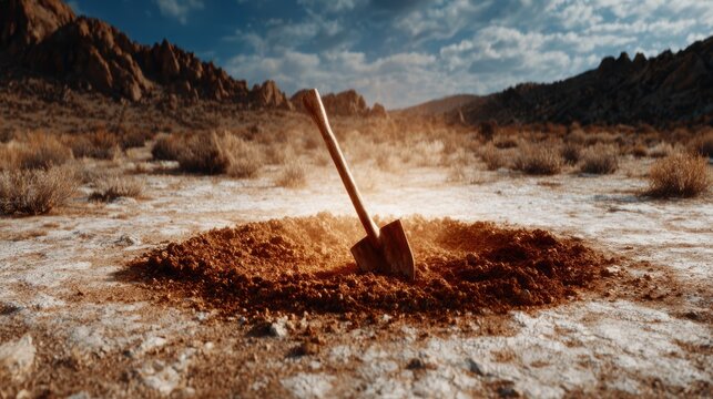 A shovel plunged into the dry, cracked ground of a desert environment symbolizes exploration and the enduring quest for treasures hidden beneath the surface.