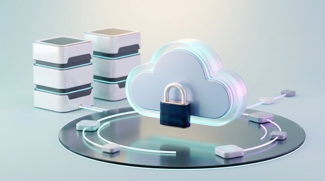 Cloud computing security architecture with locked cloud icon and interconnected server storage units on a digital platform representing safe data storage and information management