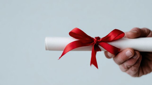 An elegant image showcasing a hand holding a diploma scroll wrapped with a red ribbon, symbolizing achievement, success, and the celebration of education milestones.