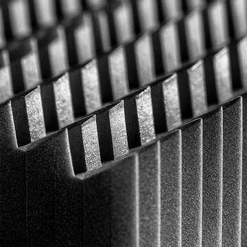 Elegant photo of Macro view of metallic radiator fins with sharp focus and dramatic lighting. Industrial design concept for engineering and manufacturing technology projects.