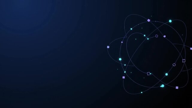Glowing blue particles and thin orbital lines form an abstract scientific network against a dark navy background, symbolizing physics, energy, innovation, and connectivity.
