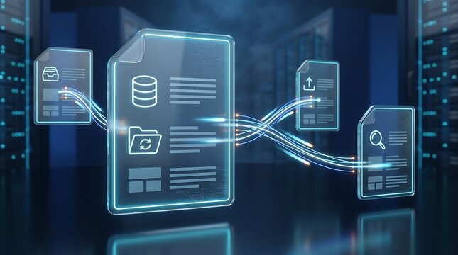 Virtual document file management system with holographic data icons transferring information through glowing light pathways in professional server room 3d illustration