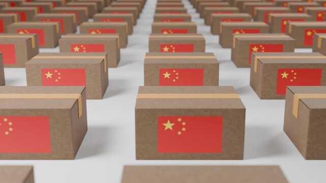 Chinese mass production parcel boxes arranged in rows at warehouse ready for delivery shipping and distribution, supply chain logistics export transport, storage inventory