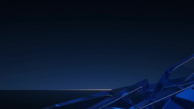 Sculptural blue metallic forms rise beneath a glowing golden horizon, creating a cinematic abstract landscape with elegant futuristic shapes.