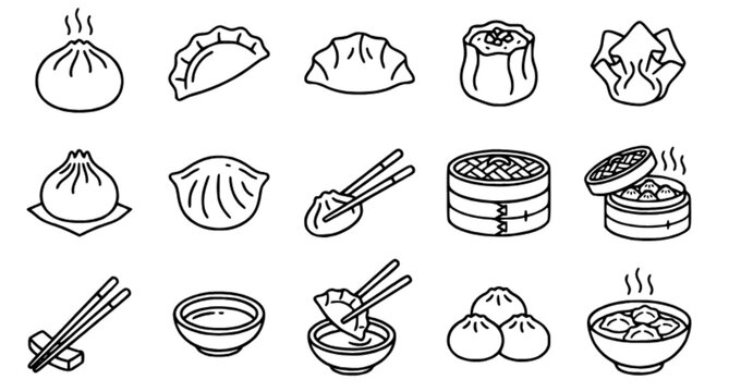 Dumpling and Dim Sum Food Line Icons Set, Black and White Vector Illustration
