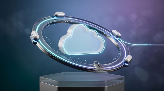 Secure cloud storage concept featuring glowing cloud icon locked within metallic circular frame representing data protection and cyber security in digital computing environments