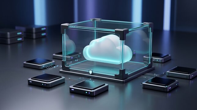 Secure cloud computing environment with glowing cloud icon inside transparent protective cube surrounded by digital processor chips representing hardware level data encryption