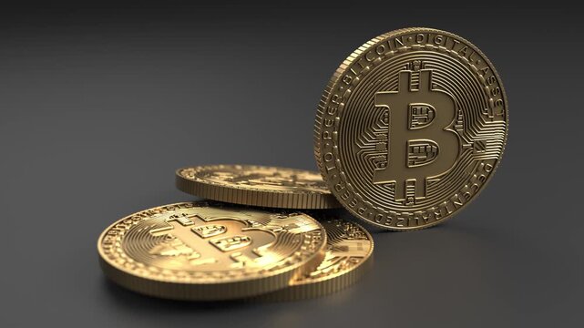 Bitcoin closeup on coins arranged and camera dolly, as digital crypto currency asset and store of value, financial market investment wealth exchange fund, blockchain