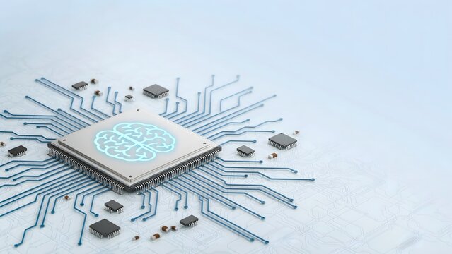 Artificial intelligence chip with glowing brain symbol on blue circuit board