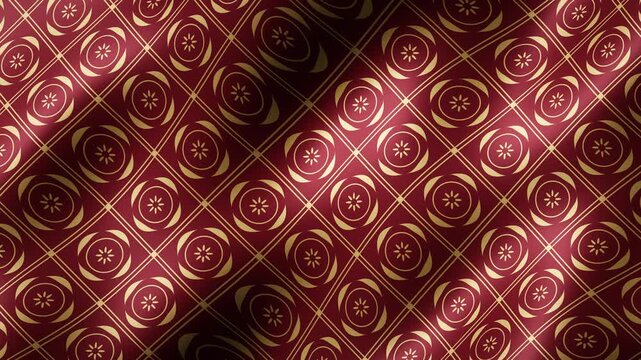 Seamless looping 4K waving burgundy red silk fabric with gold damask pattern, luxury satin cloth background