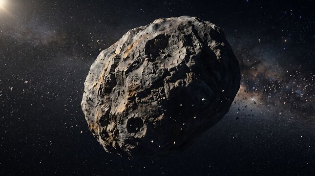 A detailed 3D render of an astroid belt in deep space with rocky asteroids floating against a starry background
