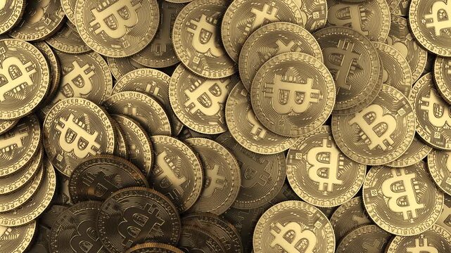 Many bitcoin coins arranged in top view as digital crypto currency asset and store of value, financial market trading investment wealth exchange fund, blockchain