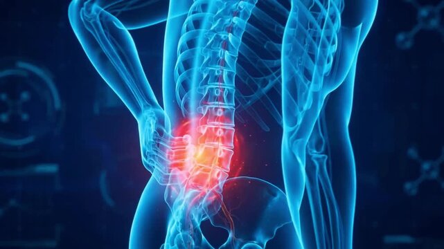 X-ray medical 3D animation of a person holding the lower back with a glowing red lumbar spine pain, back pain concept