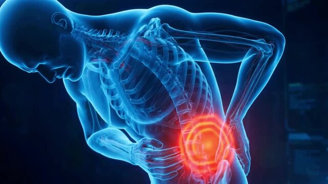 Glowing X-ray animation of a bent figure pressing the hip and buttock with a red sciatica pain spot, hip pain medical concept