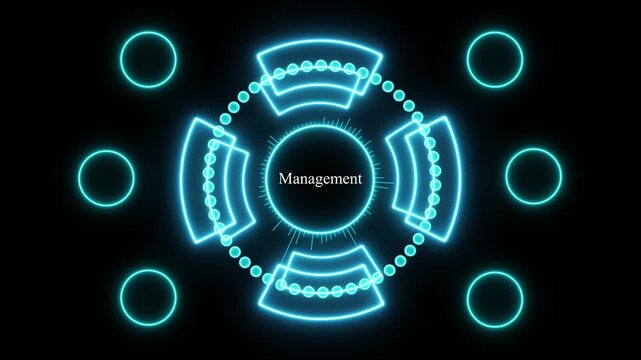 Digital management hud interface with glowing business icons and futuristic data analytics circle animation