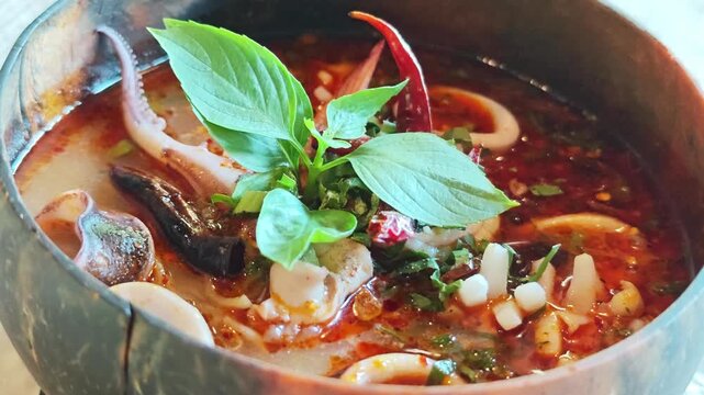 Seafood noodles served in a coconut shell bowl are a Thai dish.
