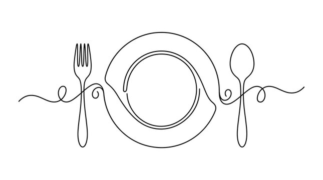 Continuous line drawing of table setting with plate fork and spoon minimalist vector art