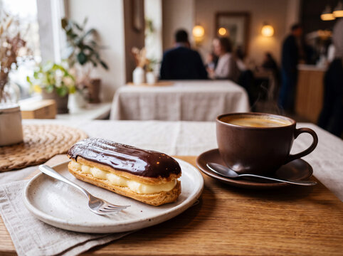 Chocolate Eclair with Cream Filling and Hot Coffee in Cafe