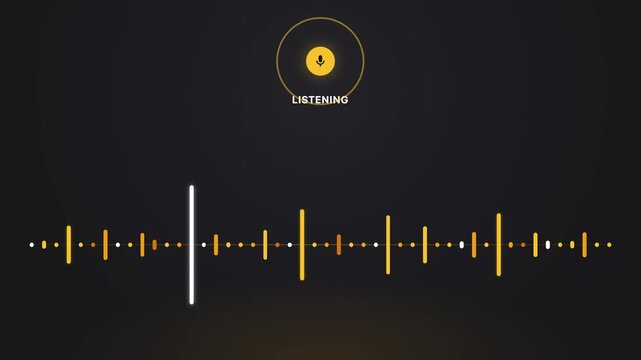 Voice assistant listening interface with glowing amber microphone orb and animated audio waveform bars on dark background, UI motion graphics loop