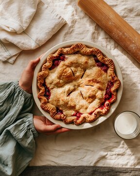 Thanksgiving berry pie held by person on linen cloth with rolling pin and copy space background