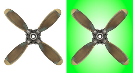 Four bladed vintage airplane propeller made of metal and wood isolated on a white background © SHAKIB
