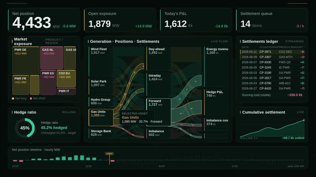 4K energy trading dashboard with Sankey flow, market exposure treemap, and live settlement ledger. for commercial creative technology and business use.