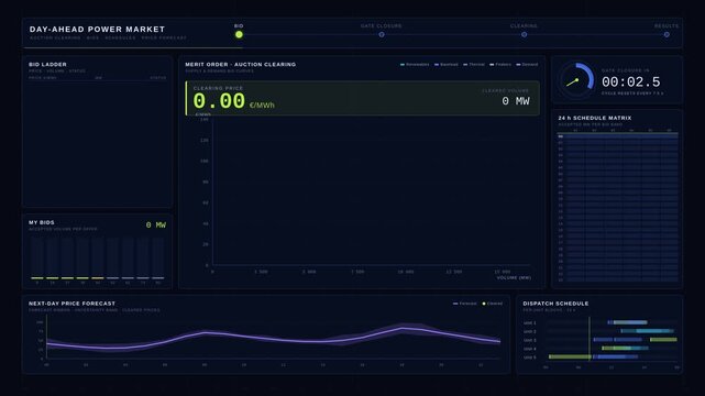 Day ahead power market dashboard animation showing supply demand bid curves, clearing price intersection, and 24-hour schedule matrix with real-time price forecasts in a dark blue interface.