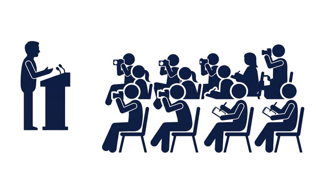 Press conference icon set with speaker at podium, press corps reporters taking notes and photography audience vector pictogram