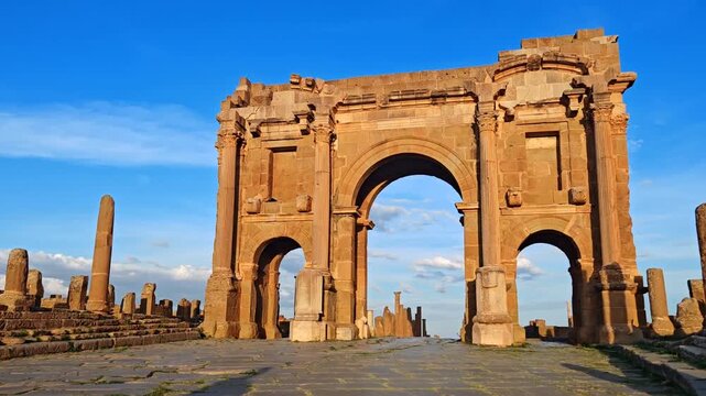 Trajan's Triumphal Arch and Ancient Roman Ruins of Timgad Archaeological Site in Batna, Algeria