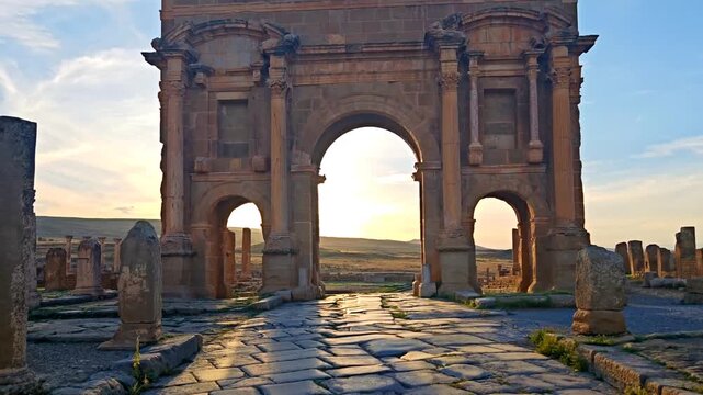 Trajan's Triumphal Arch and Ancient Roman Ruins of Timgad Archaeological Site in Batna, Algeria