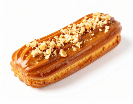 Eclair pastry with caramel glazing and chopped nuts
