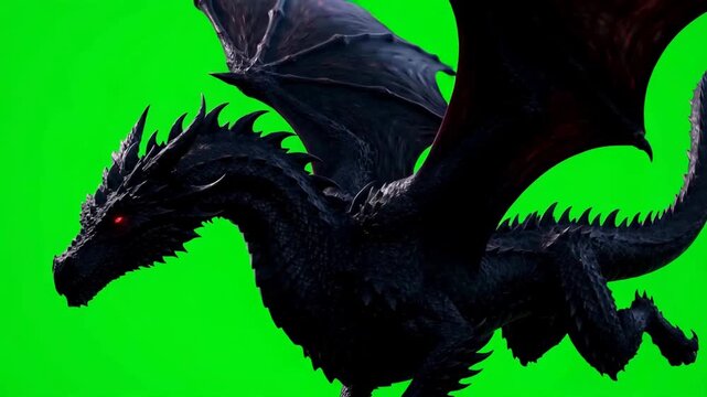 Fantasy black dragon flying on green screen, mythical winged creature with glowing red eyes, cinematic 3D monster for movie visual effects