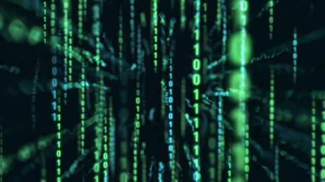 Green matrix raining binary code, black background, animation