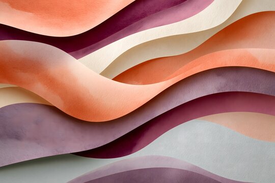 Romantic abstract background of overlapping translucent watercolor washes in pale coral, peach, cream and muted lilac, organic flowing edges, subtle pigment granulation and balanced open space,