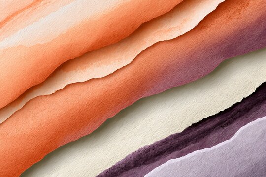 Romantic abstract background of overlapping translucent watercolor washes in pale coral, peach, cream and muted lilac, organic flowing edges, subtle pigment granulation and balanced open space,