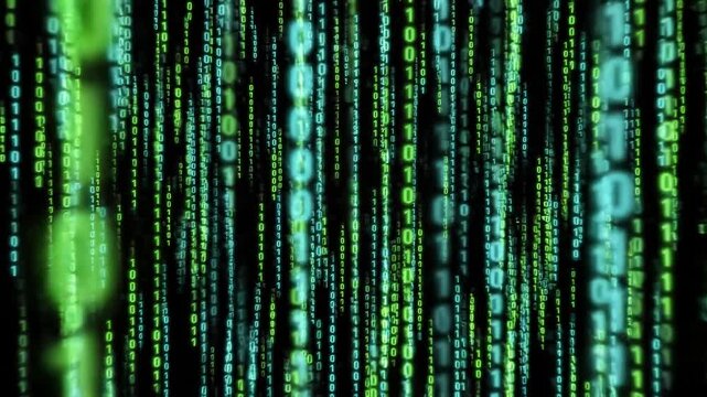 Green matrix raining binary code, black background, animation