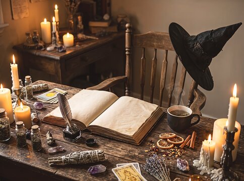 Cozy witch desk with open spell book, candles and witch hat, no person