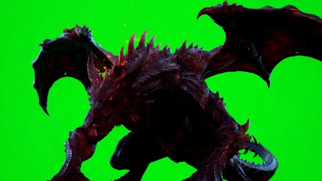 Fierce red dragon creature on green screen, mythical fire-breathing monster with wings, fantasy beast for cinematic visual effects and movie production