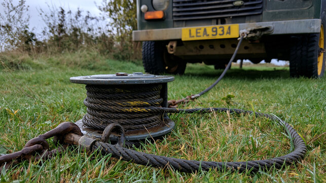 Elegant photo of A steel cable winch spool lies on wet grass attached to a four-wheel drive vehicle. This off-road equipment is essential for vehicle recovery and towing tasks.