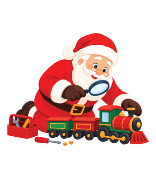A cheerful santa clause character using a magnifying glass to inspect a colorful toy train set for christmas holiday gifts