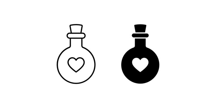 Love potion bottle vector icon set with heart design for romantic graphic projects.