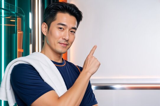 Fit Asian man pointing finger at copy space in modern gym. Athletic male with towel presenting offer or fitness tips
