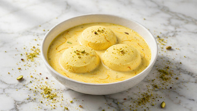 Creamy Rasmalai with Saffron Milk Pistachio and Cardamom Garnish in White Bowl on Marble