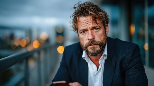 A pensive man in a formal outfit sitting on a balcony, embodying the complexities of modern life, introspection, and professional challenges in a dynamic environment.