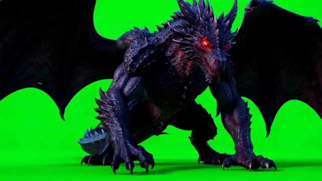 Fantasy black dragon with glowing red eyes on green screen, mythical creature with large wings, 3D rendered monster for cinematic visual effects
