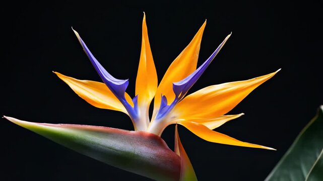 In a home garden, a bird of paradise flower opens as sunlight fades