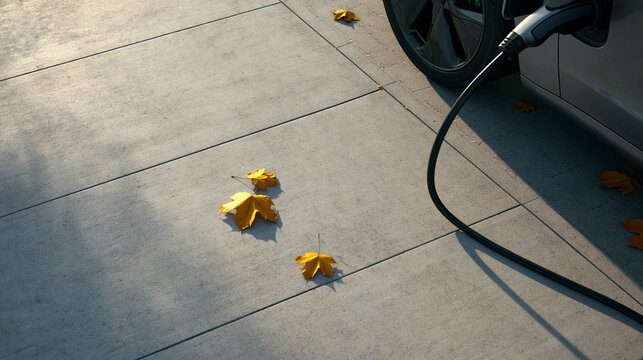 Modern electric vehicle plugged into charging station outdoors on sunny autumn day with fallen leaves