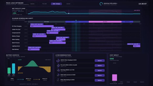 AI peak load optimization dashboard shifting energy loads to off-peak windows with battery dispatch and cost savings visualization for commercial creative technology and business use.
