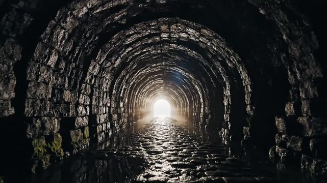 A dark stone tunnel leads toward a bright glowing light source